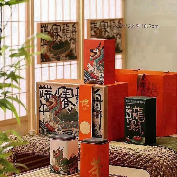 端午赛龙舟礼盒实拍（木框书法大盒·祥龙茶罐组合）