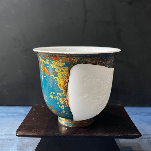 孔雀蓝菊纹杯（窑变釉 · 品杯）